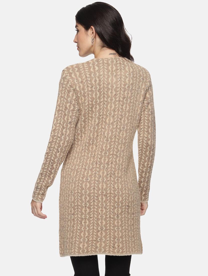 beige self designed long sleeves long cardigan - 20396906 -  Standard Image - 1