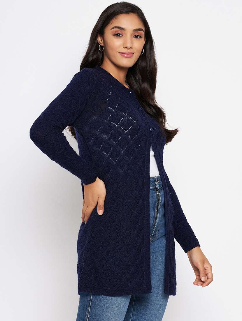 navy blue crew neck self design cardigan - 20396960 -  Standard Image - 1