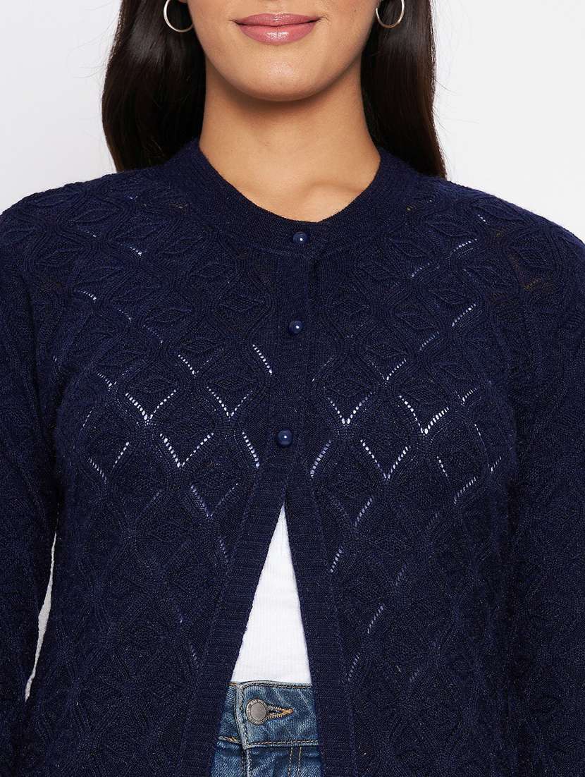 navy blue crew neck self design cardigan - 20396960 - Standard Image - 4