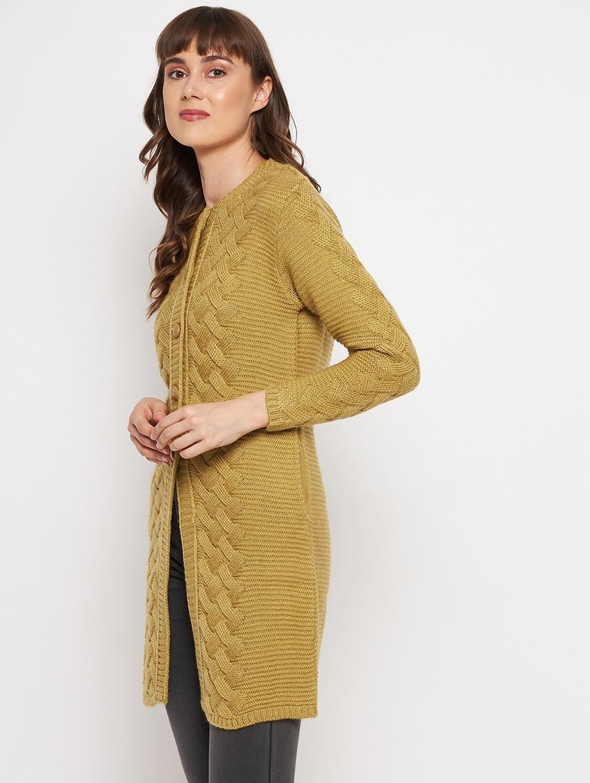 mustard crew neck self design cardigan - 20397014 - Standard Image - 1