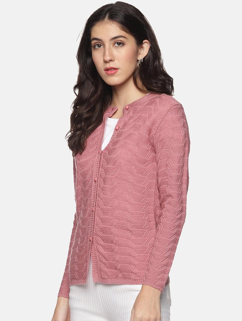 pink self designed long sleeves cardigan - 20397119 -  Standard Image - 1