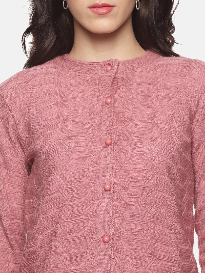 pink self designed long sleeves cardigan - 20397119 - Standard Image - 4