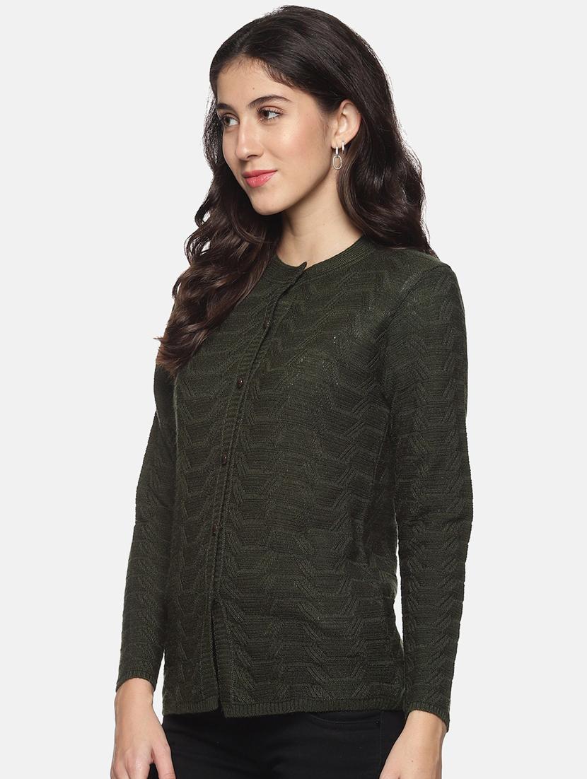 olive self designed long sleeves cardigan - 20397131 - Standard Image - 1