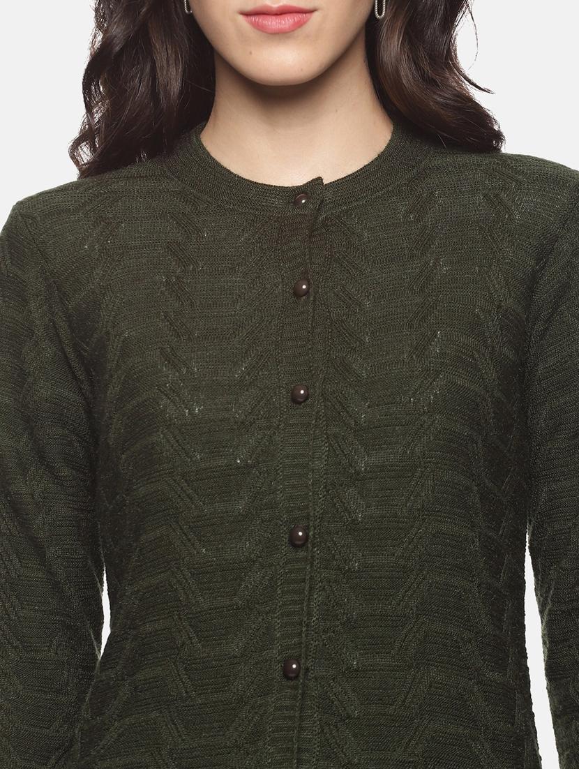 olive self designed long sleeves cardigan - 20397131 - Standard Image - 4