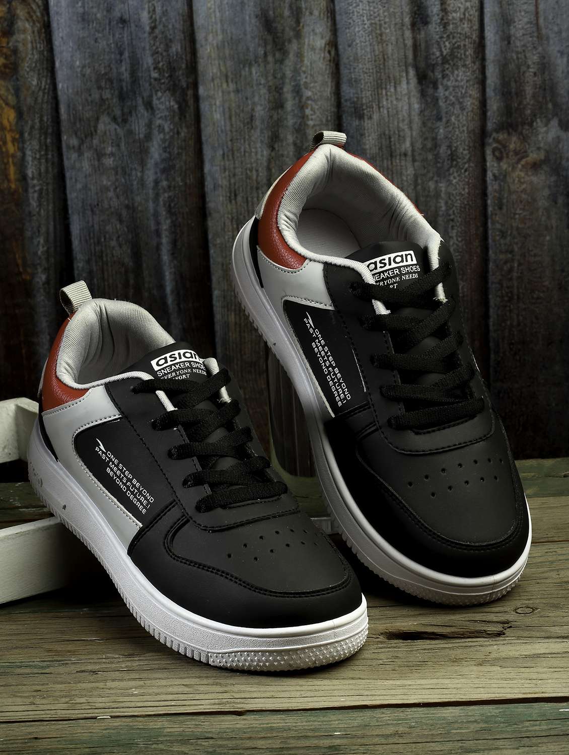 black synthetic lace up sneakers