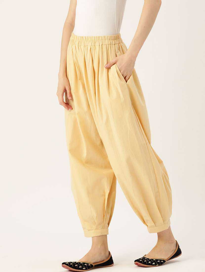 solid cream elasticated cotton made afghani salwar - 20397197 -  Standard Image - 1