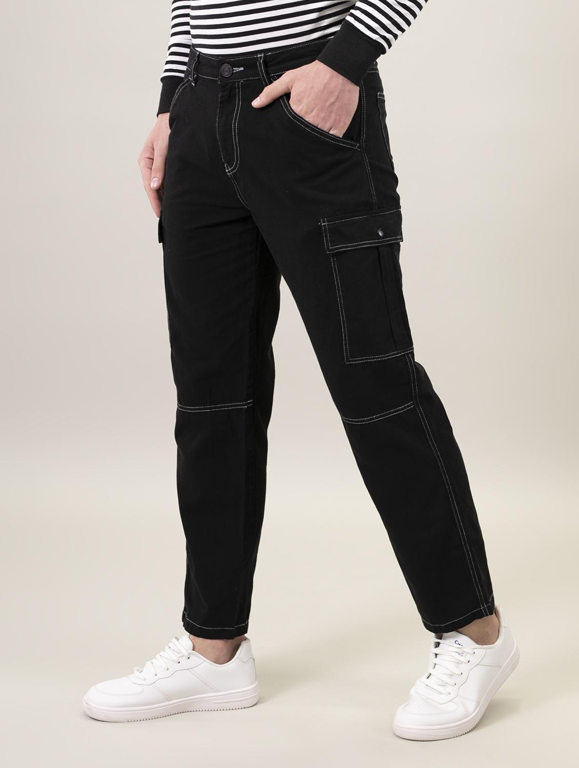 men solid black cotton cargo casual trouser - 20397319 - Standard Image - 1