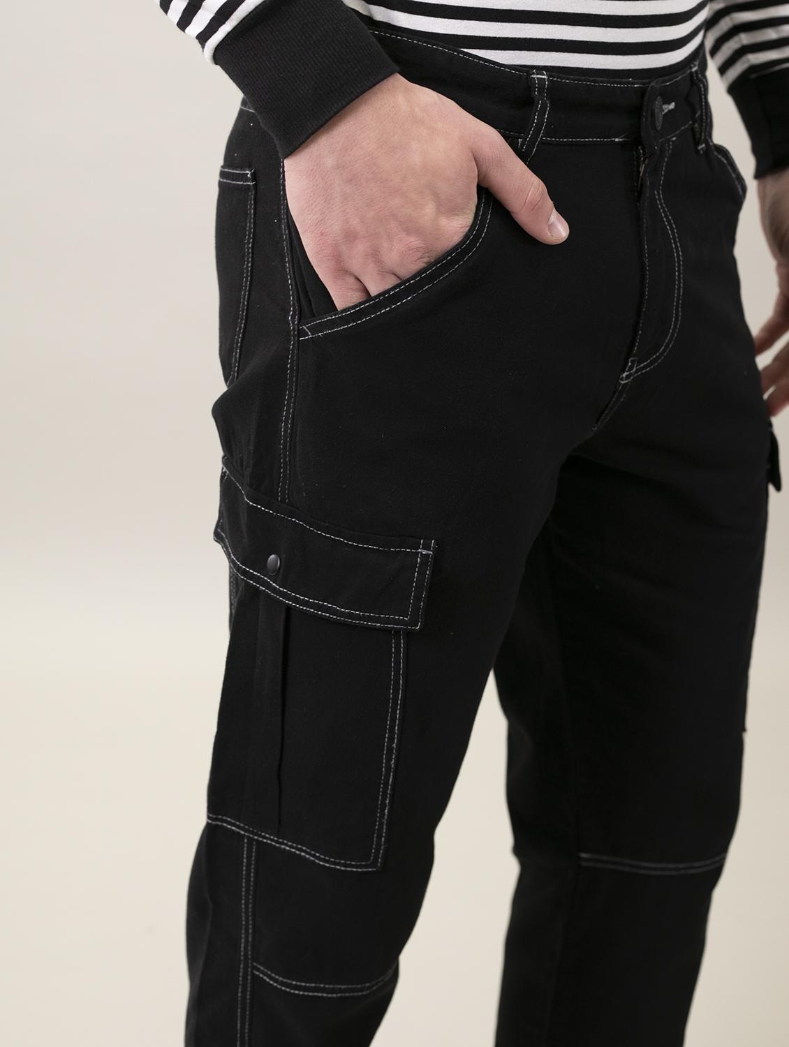 men solid black cotton cargo casual trouser - 20397319 - Standard Image - 4