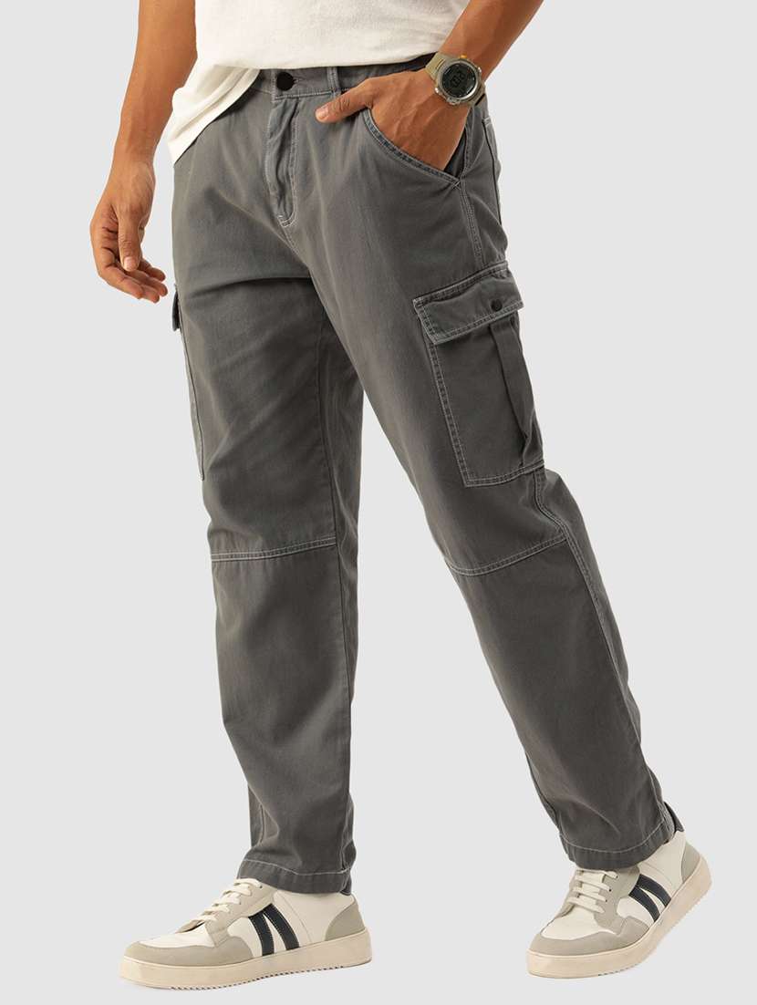 men solid grey cotton cargo casual trouser - 20397322 -  Standard Image - 1