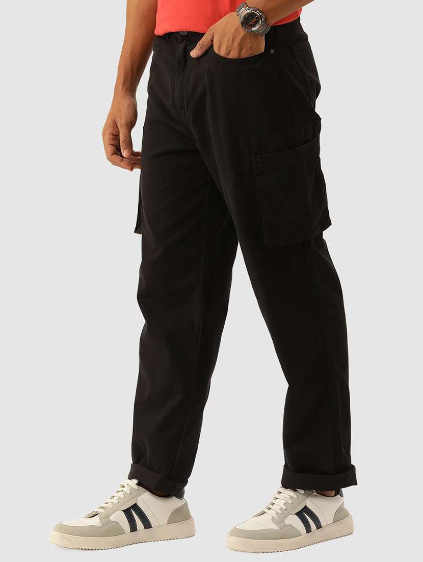 men solid black cotton cargo casual trouser - 20397325 -  Standard Image - 1