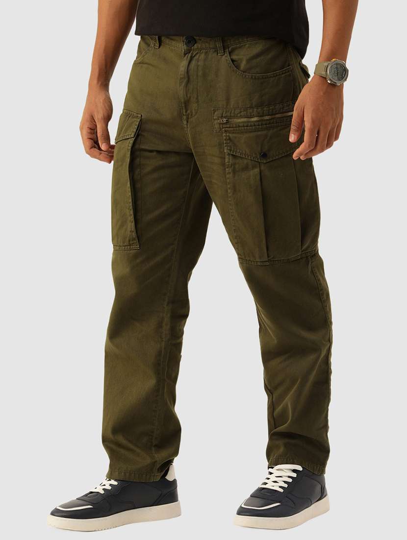 men solid olive green cotton cargo casual trouser - 20397327 -  Standard Image - 1