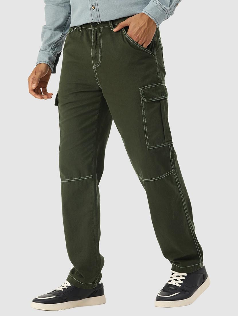 men solid olive cotton cargos casual trouser - 20397337 - Standard Image - 1