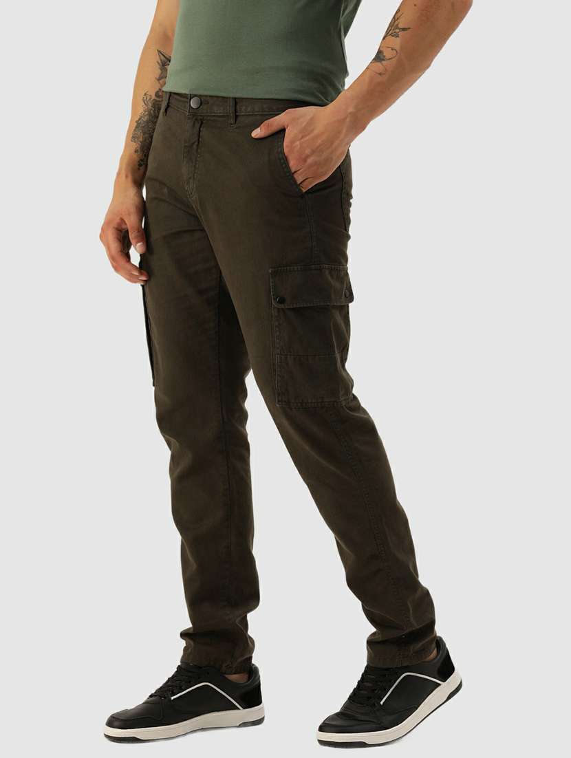 men mid rise solid cargos casual trouser - 20397339 -  Standard Image - 1