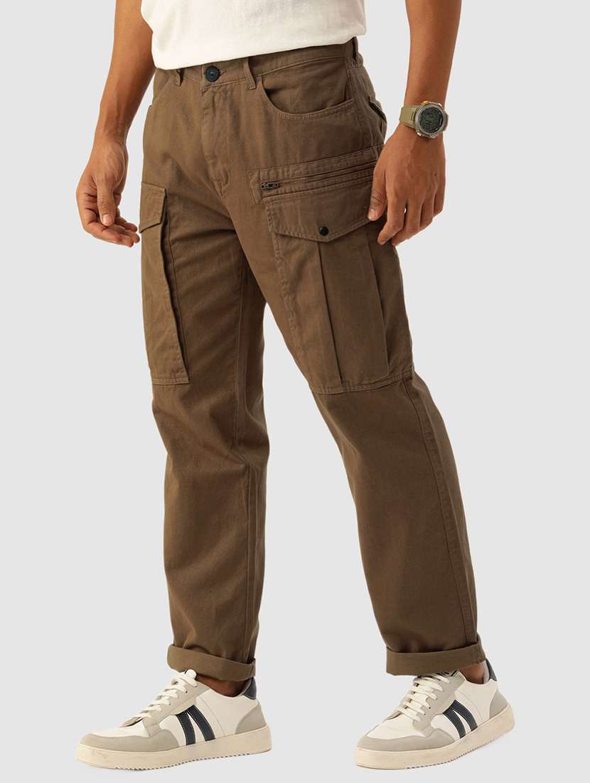 men solid brown cotton cargos casual trouser - 20397353 -  Standard Image - 1