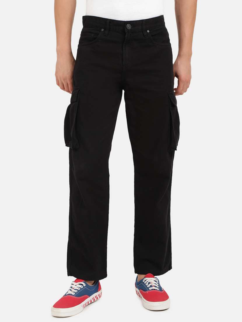 men solid black cotton cargos casual trouser - 20397360 -  Standard Image - 1