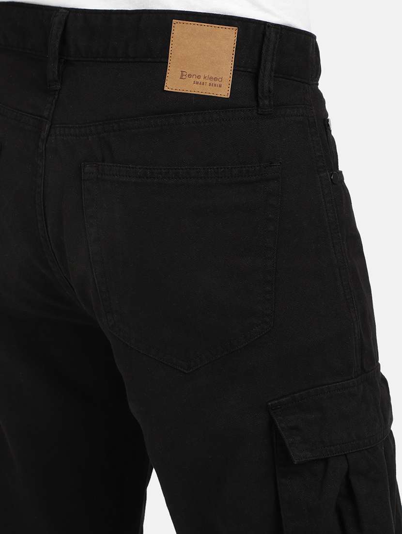 men solid black cotton cargos casual trouser - 20397360 -  Standard Image - 4