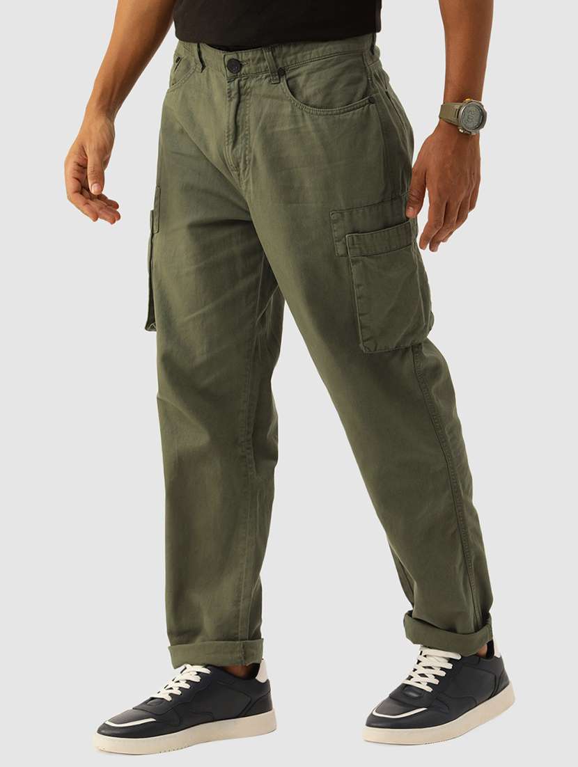 men solid olive green cotton cargo casual trouser - 20397361 -  Standard Image - 1