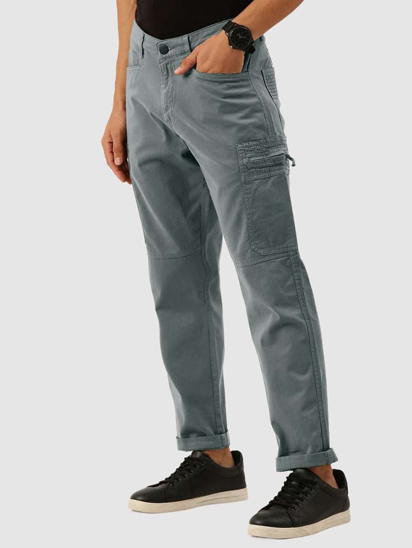 men solid grey cotton cargo casual trouser - 20397364 -  Standard Image - 1