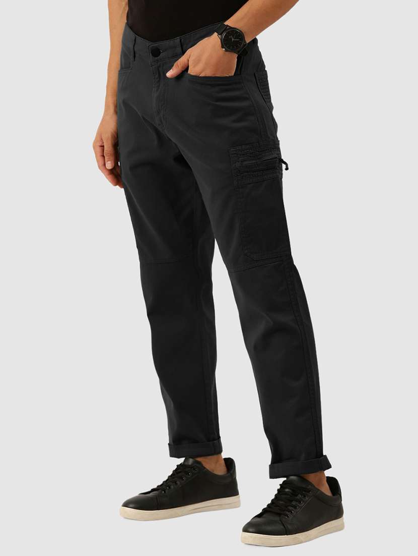 men solid black cotton cargo casual trouser - 20397365 -  Standard Image - 1