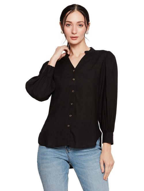 black solid puff sleeves shirt - 20404260 -  Standard Image - 0