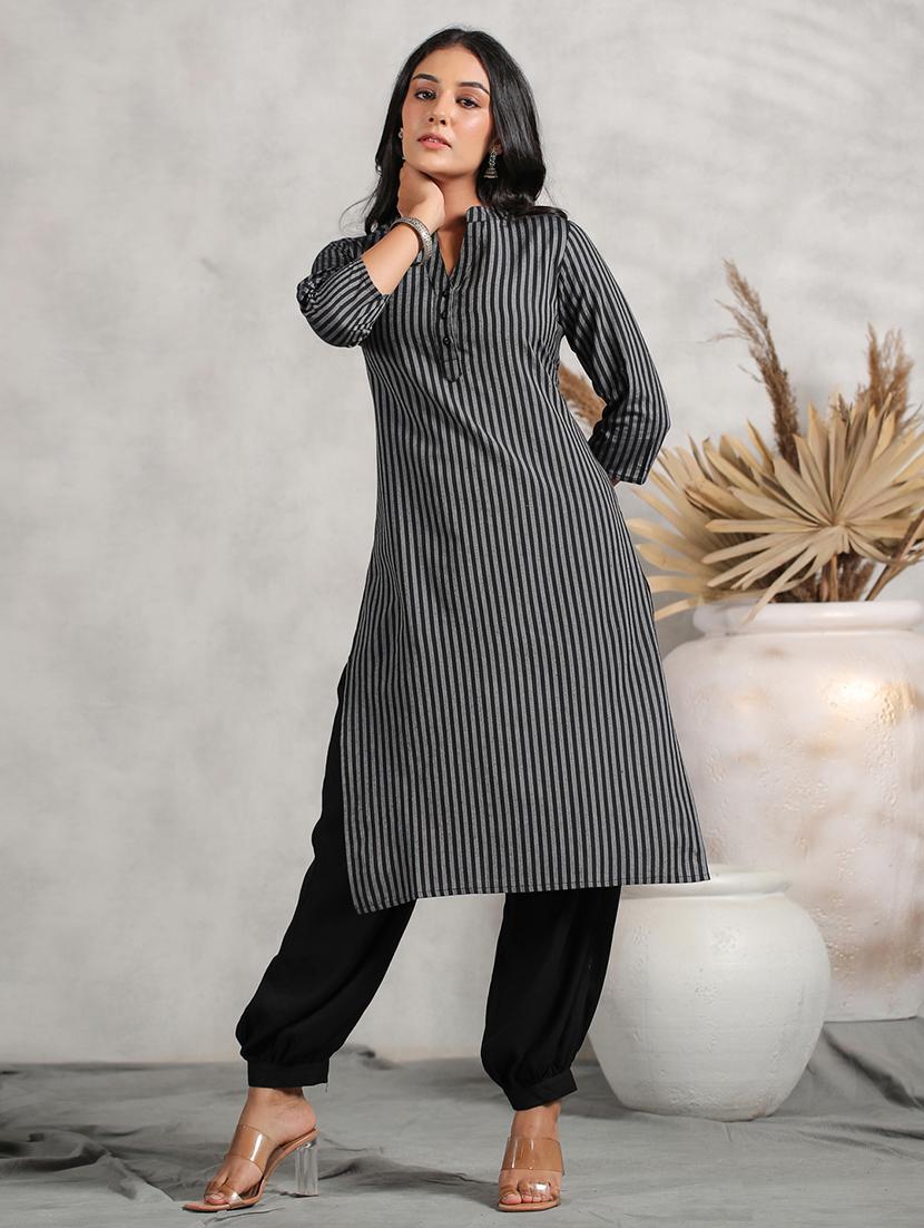 grey striped straight kurta - 20404838 - Standard Image - 4
