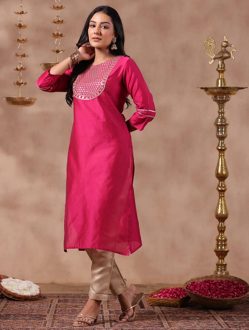 pink solid with work straight kurta - 20404839 - Standard Image - 1