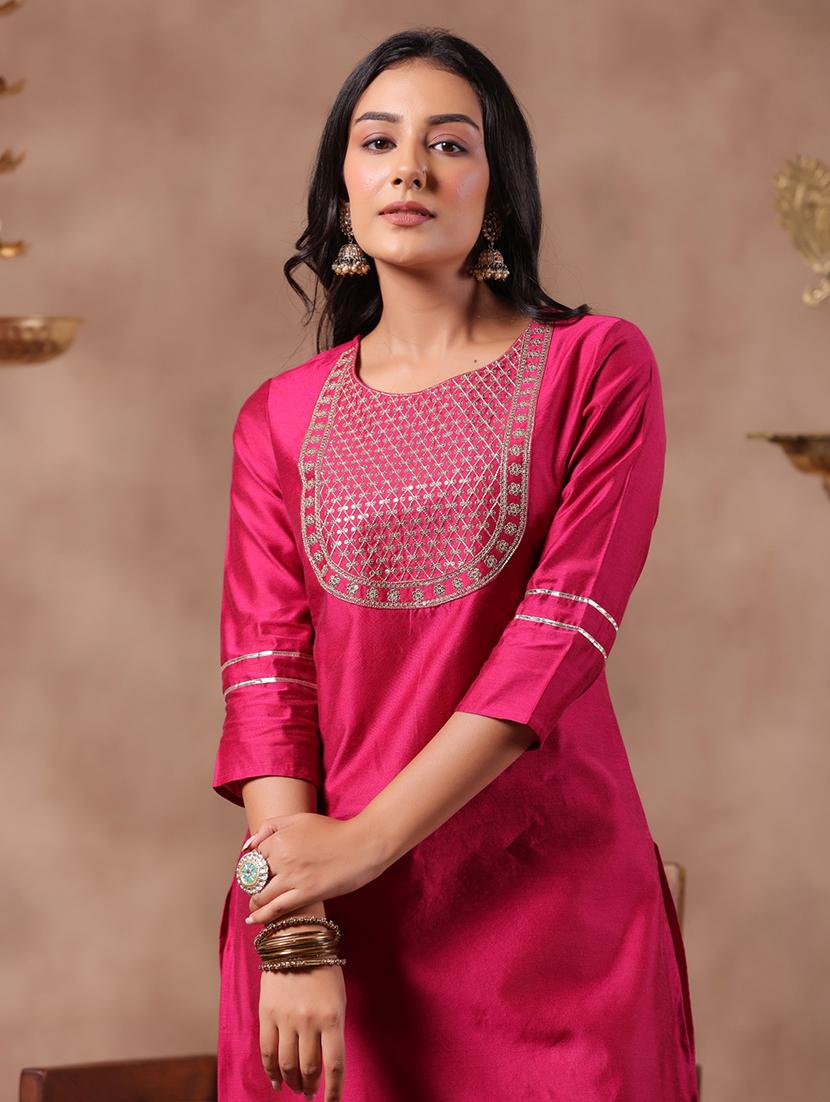 pink solid with work straight kurta - 20404839 - Standard Image - 4