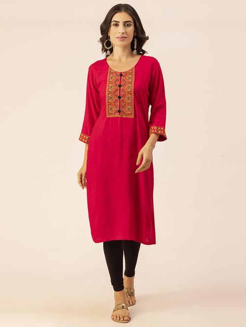 women red round neck straight kurta - 20405661 -  Standard Image - 0