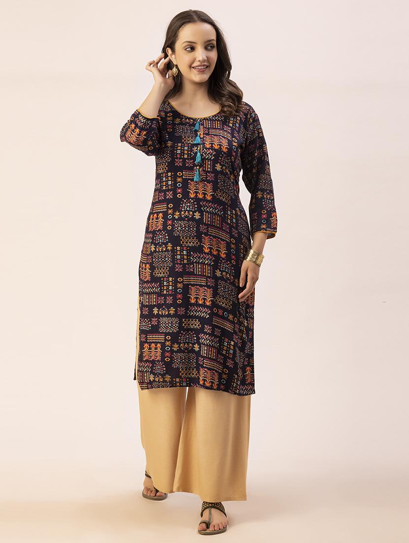 women navy blue round neck straight kurta - 20405664 - Zoom Image - 0