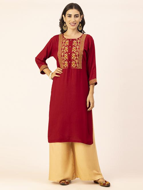 women maroon round neck straight kurta - 20405665 -  Standard Image - 0