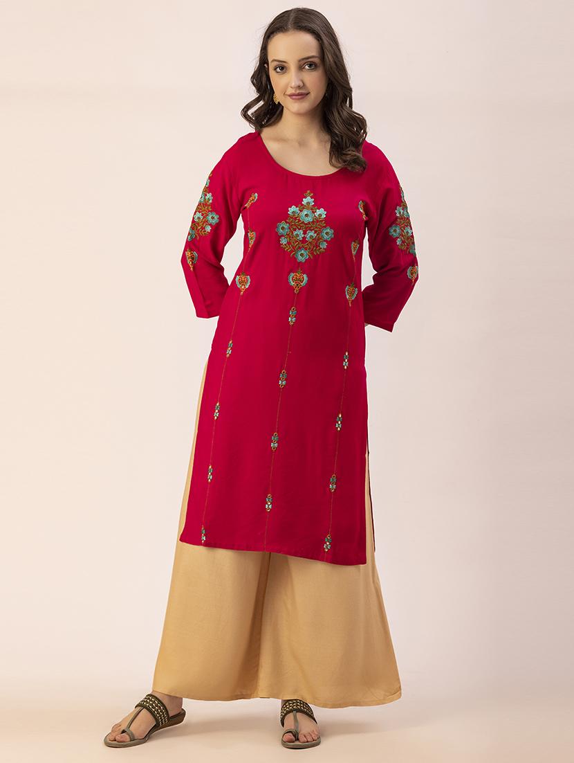 women pink round neck straight kurta - 20405667 - Zoom Image - 0