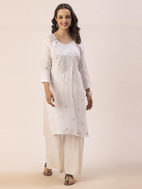 white rayon straight kurta - 20405671 -  Standard Image - 0