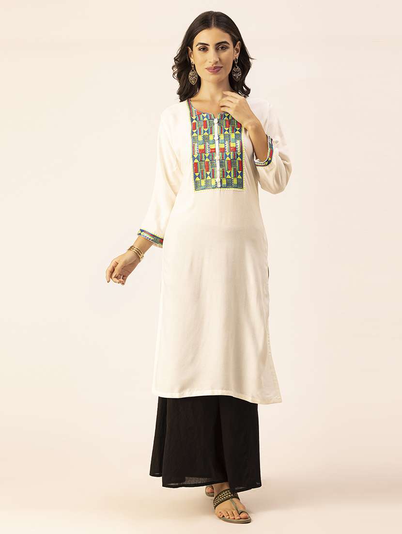 women off-white notch neck straight kurta