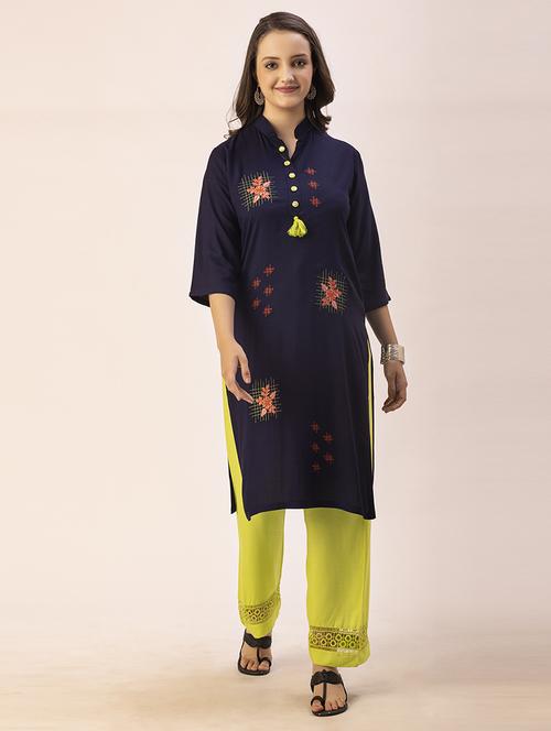 women navy blue mandarin neck straight kurta - 20405677 - Standard Image - 0