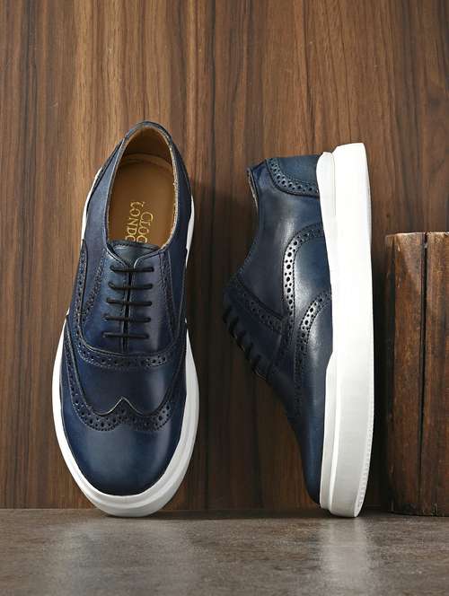 men solid navy blue lace up brogue shoe - 20405932 -  Standard Image - 0