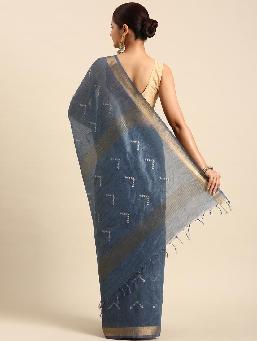 women's self design navy blue colored saree with blouse - 20406047 - Standard Image - 1