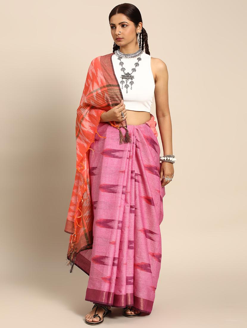 women's ikat pink colored saree with blouse - 20406158 -  Zoom Image - 0