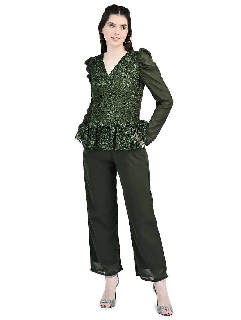 olive self design full leg jumpsuit