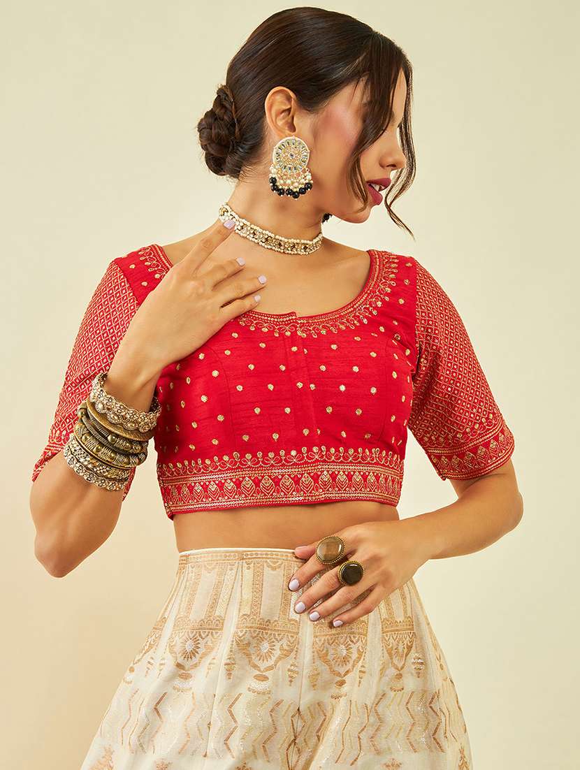 women red round neck stitched blouse