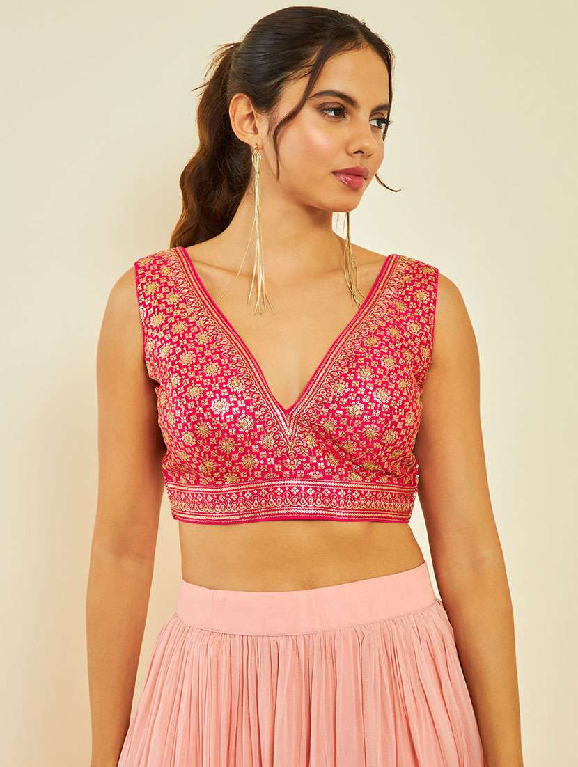women pink v-neck stitched blouse