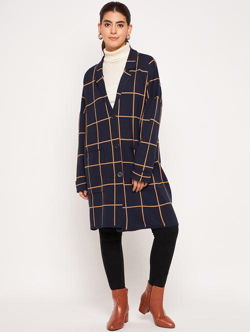 navy blue checks full sleeves overcoat - 20407161 - Standard Image - 0