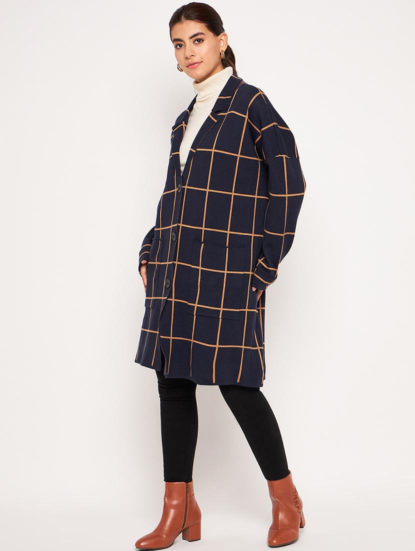 navy blue checks full sleeves overcoat - 20407161 - Standard Image - 1