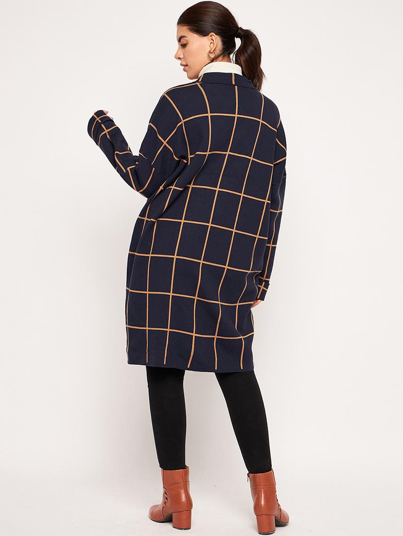 navy blue checks full sleeves overcoat - 20407161 - Standard Image - 4