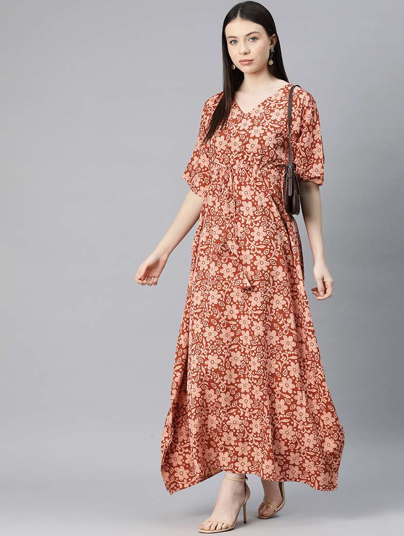 women v-neck floral printed kaftan dress - 20408614 -  Standard Image - 1