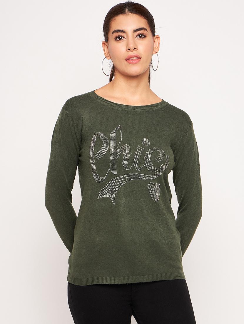 women olive green wool regular pullover - 20409206 - Zoom Image - 0