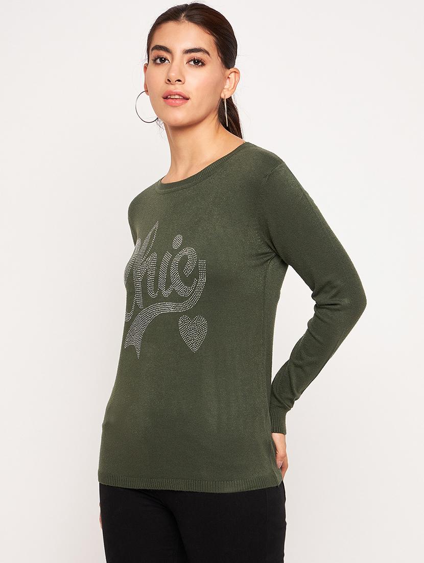 women olive green wool regular pullover - 20409206 - Standard Image - 1