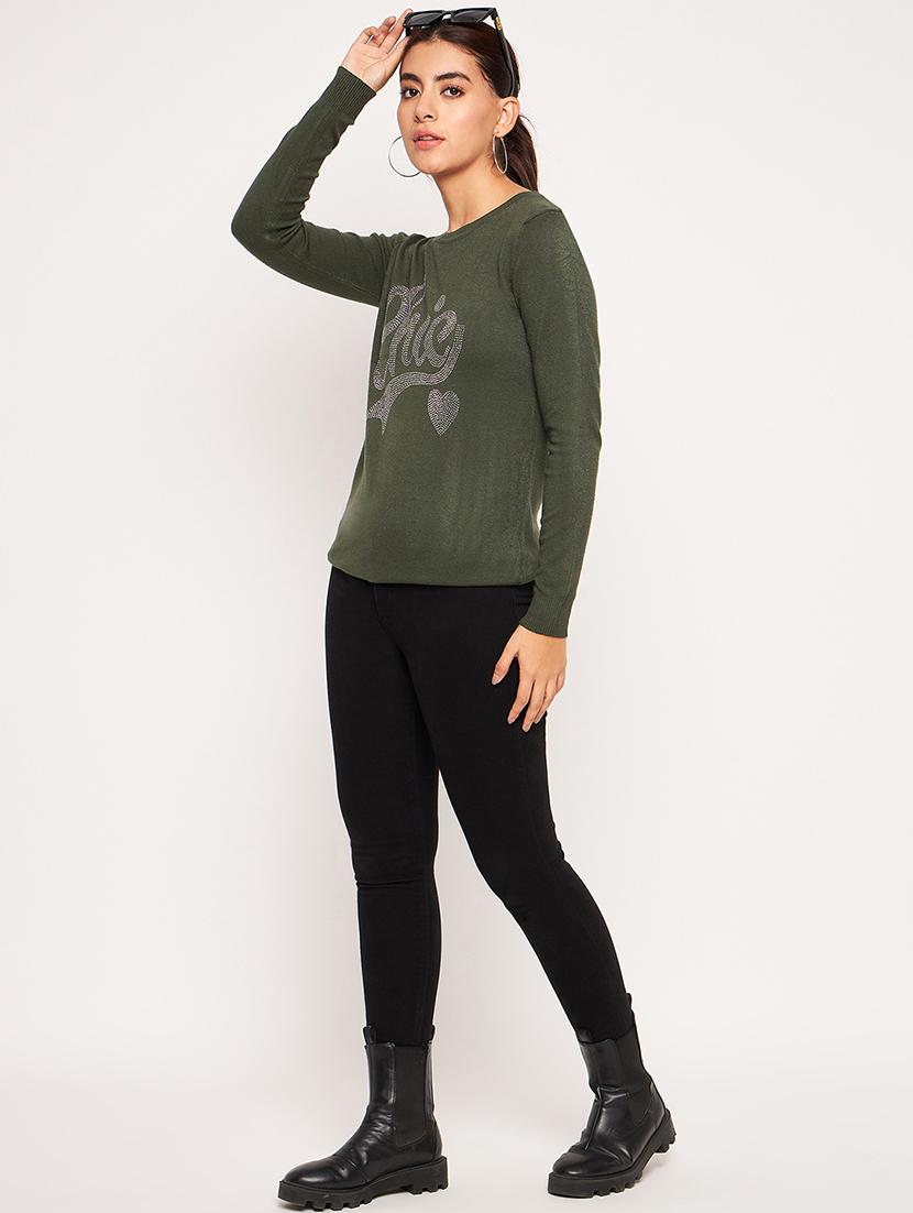 women olive green wool regular pullover - 20409206 - Standard Image - 4