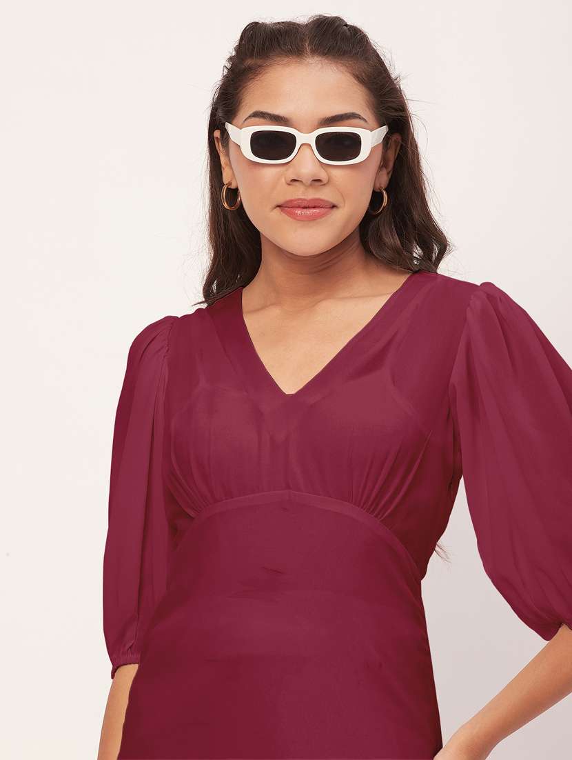 maroon solid puff sleeves a-line dress - 20409392 -  Standard Image - 4