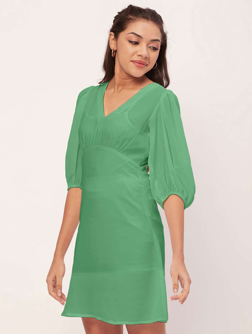 green solid puff sleeves a-line dress - 20409396 -  Standard Image - 1