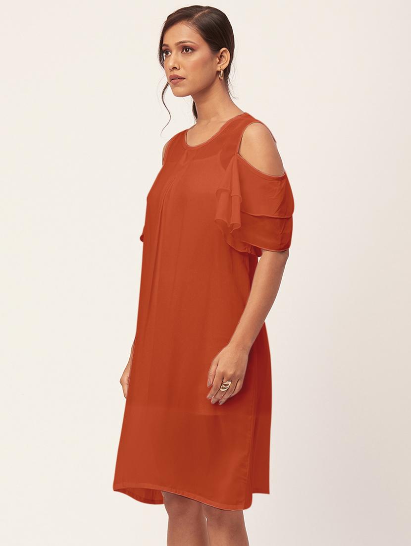 orange solid bell sleeves a-line dress - 20409397 -  Standard Image - 1
